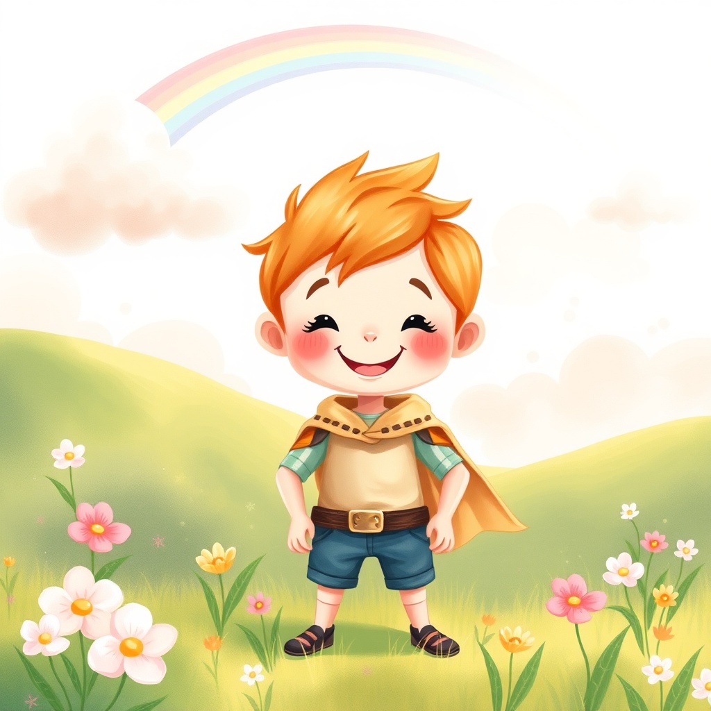A real illustration we generated: a cheerful child hero in a magical meadow